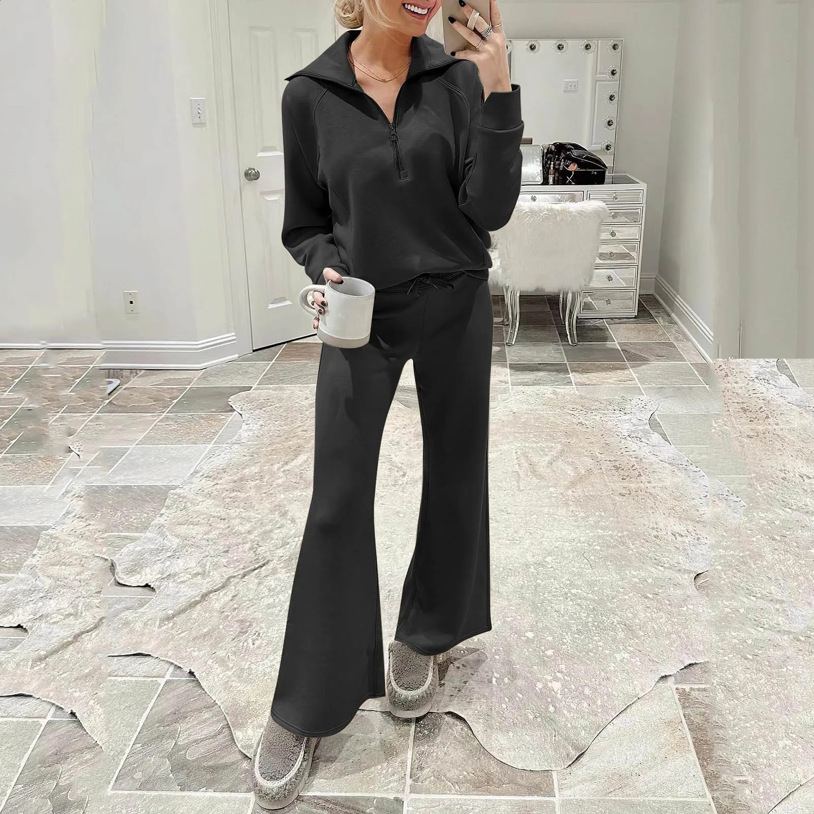 Women 2 Piece Outfits Sweatsuit Activewear Workout Fall Oversized Half Zip Sweatshirt Sets Athletic Tracksuits Ropa De Mujer 240813