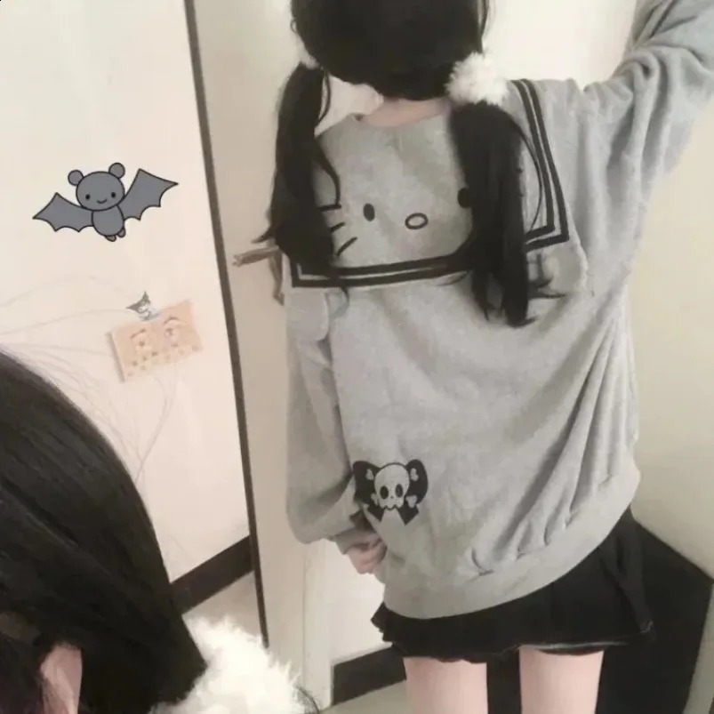 Harajuku Kawaii Zip Up Hoodie Women Sailor Collar Japanese Style Cute Sweatshirts Oversize Lolita Girly Anime Print Jacket 240812