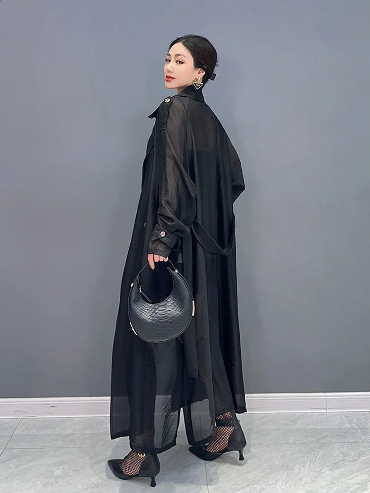 SHENGPALAE Fashion Womens Windbreaker Notched Collar Long Sleeve Button Solid Color Translucency Trench Summer 2024 5R4385 240813