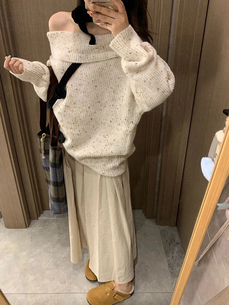 Women Apricot Pullover Knitted Sweater Harajuku 90s Aesthetic Long Sleeve Jumper Sweaters Korean Y2k 2000s Vintage Clothes 240812