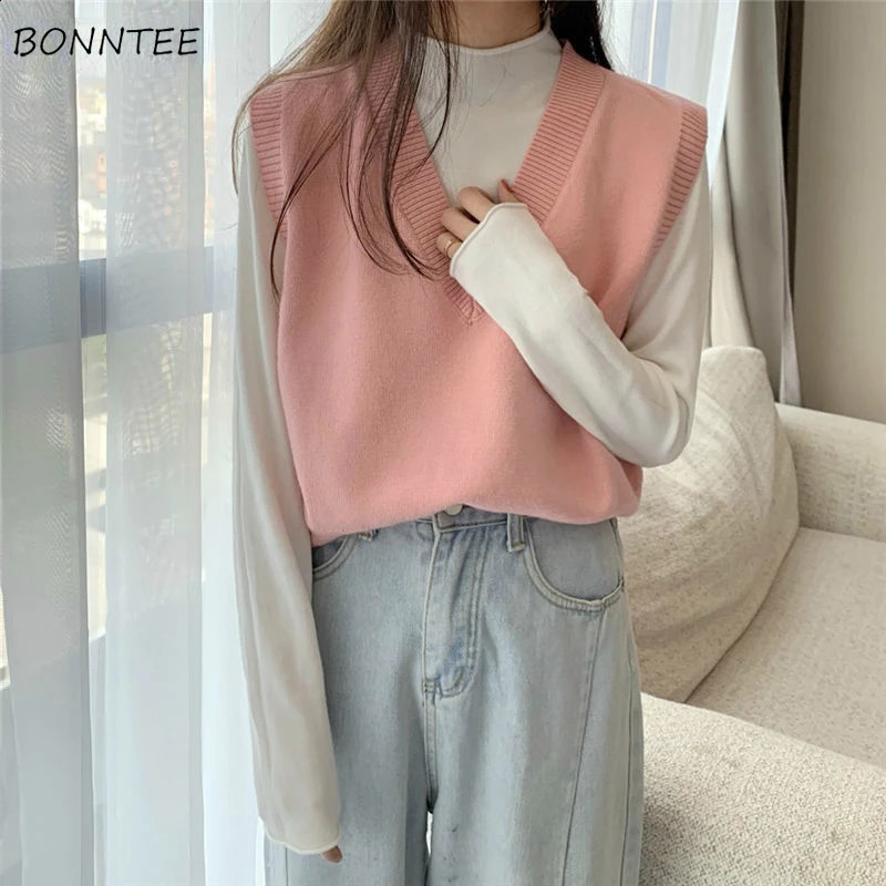 Sweater Vests Women Students V-Neck Sleeveless Knitted Basic Loose Casual Korean Style Preppy All-match Winter Candy Color Mujer 240812