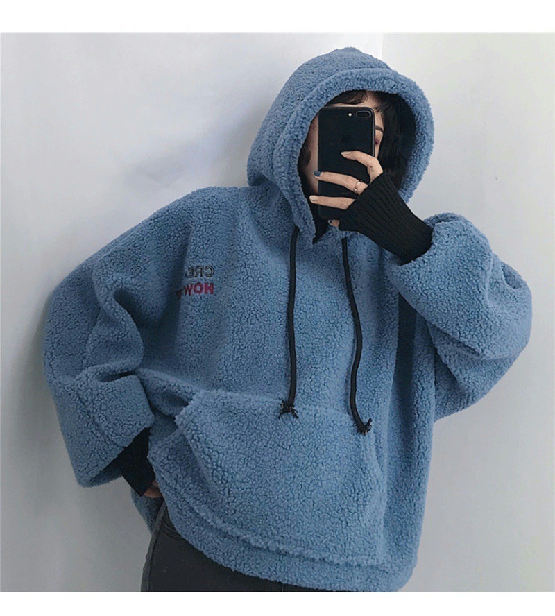 Winter cec with plush and thickened lamb pullover loose hooded fake two piece wool high neck sweatshirt jacket women s fashion 077a0