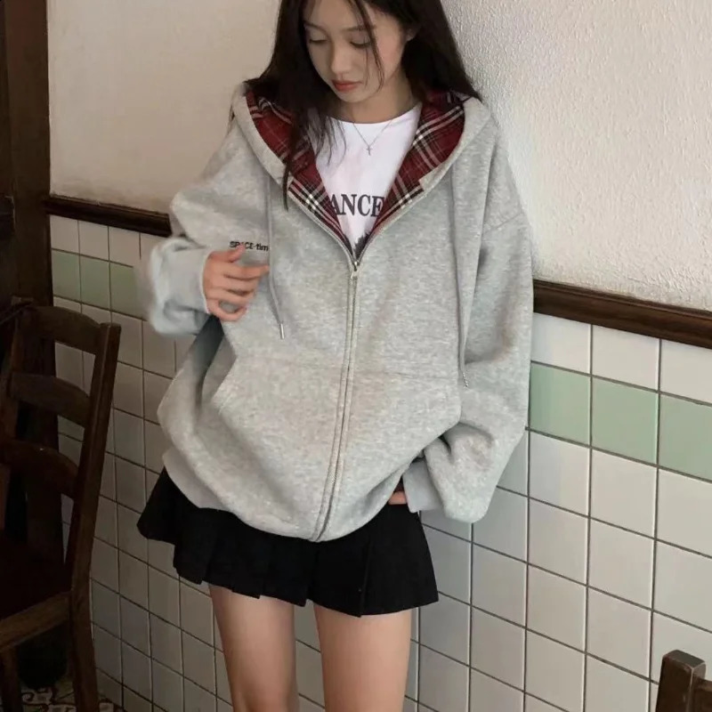 American Retro Harajuku Style Gray Red Plaid Zip Up Hoodie Sweatshirts Women Spring Autumn Loose Casual Y2k Kpop Streetwear Coat 240812