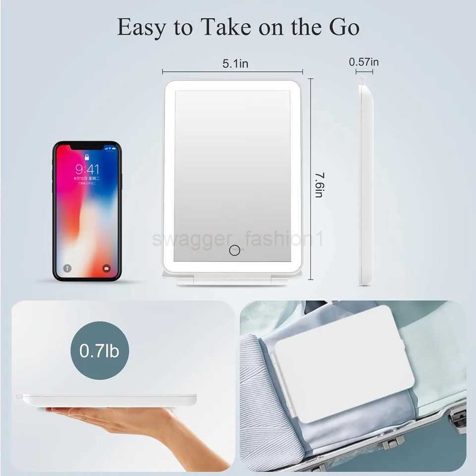 LED Foldable Travel Makeup Mirror 3 Colors Light Modes USB Rechargeable Touch Screen Portable Tabletop Cosmetic Mirror WhiteXJ240813