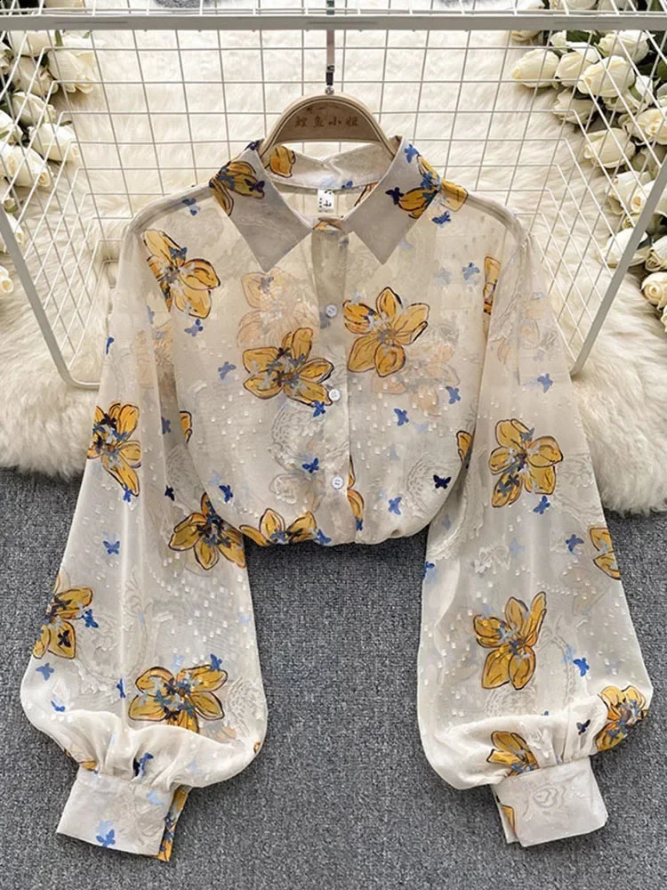 Spring Autumn Temperament Fashion Retro Chiffon Floral Blouses Print Loose Lapel Puff Sleeve Top Button Up Shirt Female GD611 240813