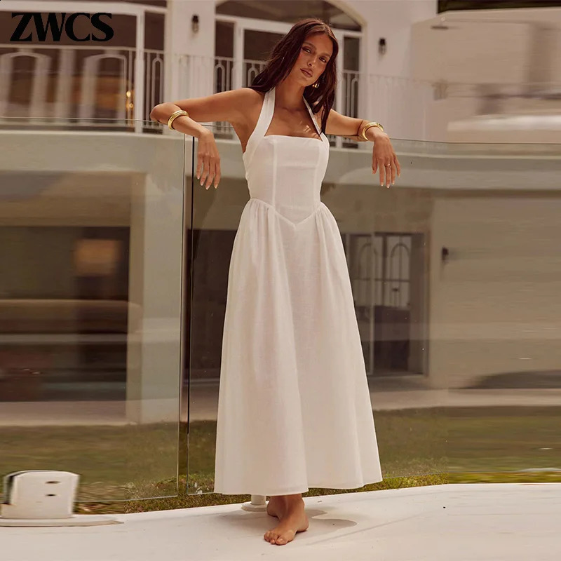 Clearance Pleated Halter Spaghetti Strap Dress Women Solid Backless Zipper Midi Dresses 2024 Summer Lady Casual Streetwear Robe 240812