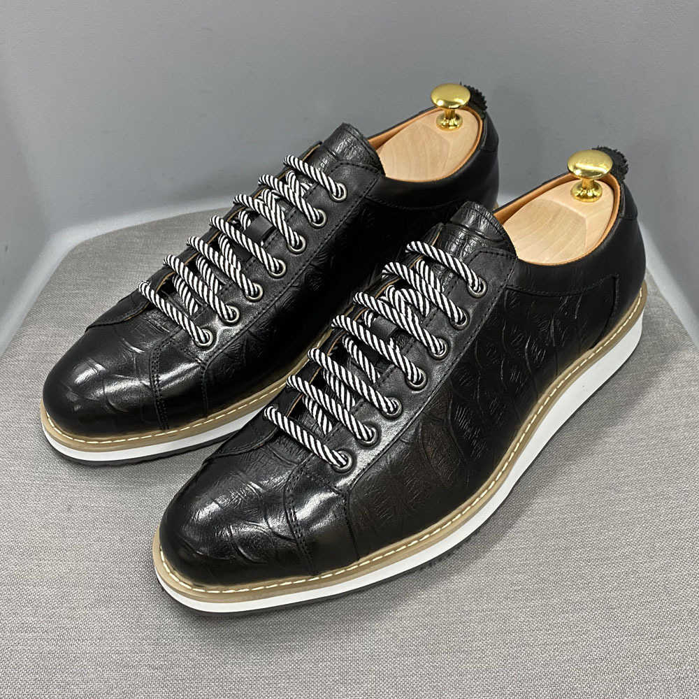 CMM Casual Leather Shoes Mens Shoes Leather Thick Soled Daily Single Shoes Fashionable Crocodile Pattern Embossed Handmade Shoes Shoes Men