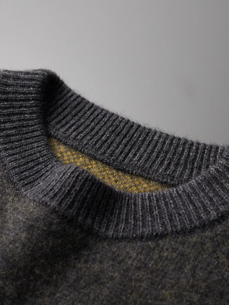 Jacquard Autumn Cashmere Sweater Mens Round Neck Pulling 100% Merino Wool Knitted Casual Fashion Retro Thick Top 240812