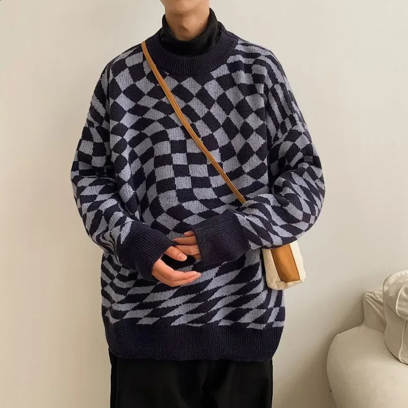 Cross border Autumn Winter Soft Supply Idle Style Loose Fit Bf Green Irregular Chessboard Knitted Top Sweater Jacket for Men 240812
