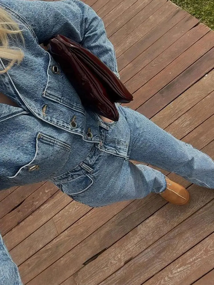 Women Y2k Denim Jumpsuit Long Sleeve Elegant Jumpsuits Female Lapel Jeans Overalls Streetwear Summer Office Lady Romper 240813