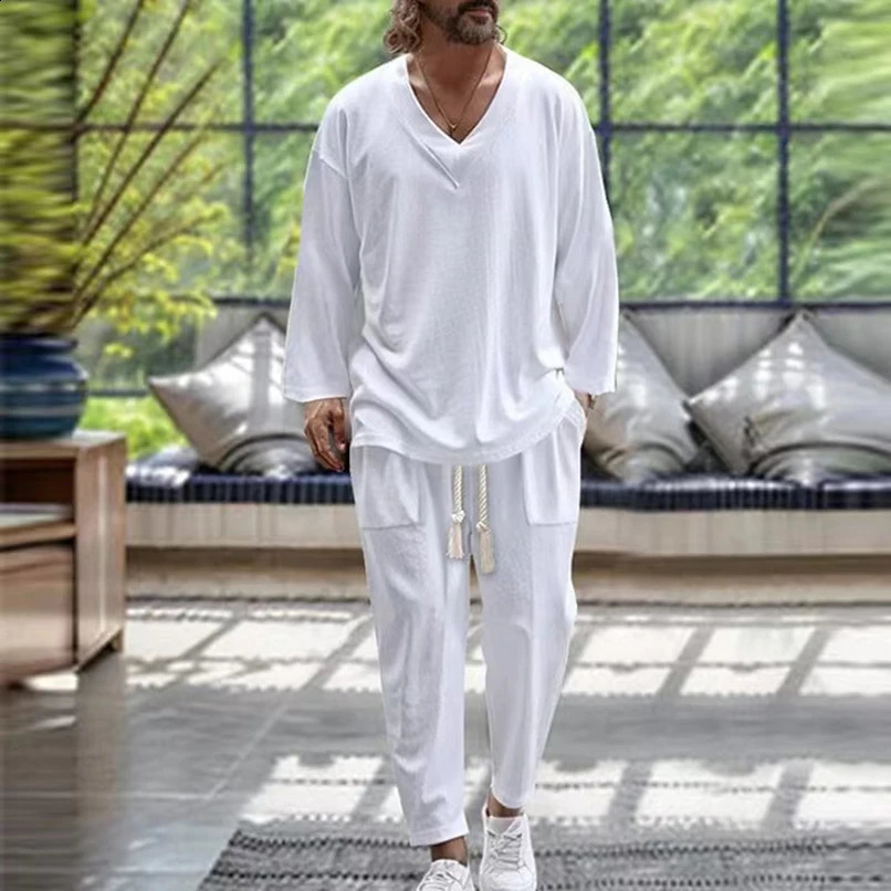 Spring and Autumn Mens Casual Thin Loose Solid Long Sleeve Vneck TshirtDrawstring Pocket Two Piece Set 240812