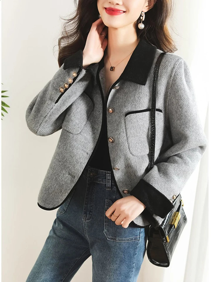 Zoki Elegant Grey Tweed Jacket Women Fashion Buttons Fall Casual Short Coat Korean Office Lady Turn Down Collar Patchwork Tops 240812
