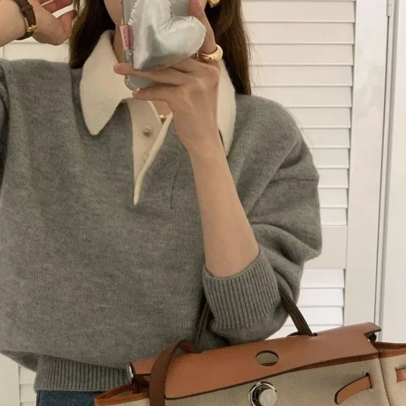 Deeptown Vintage Long Sleeve Female Sweater Korean Style Youthful Woman Gray Jerseys Office Wear Elegant Ladies Knit Pullovers 240813