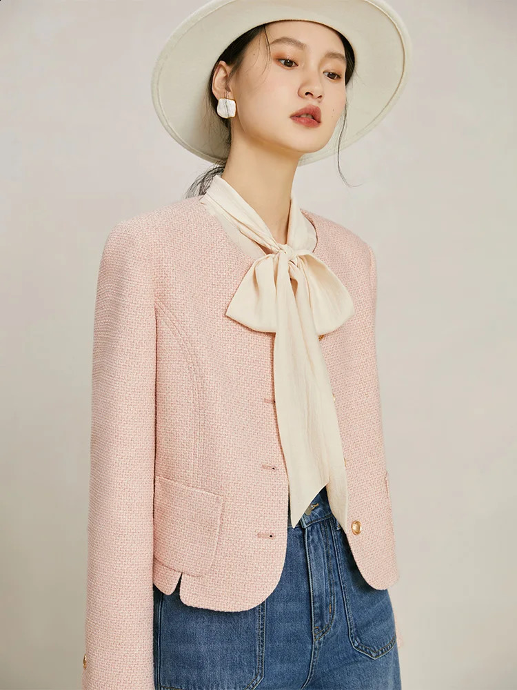 ZIQIAO Women Spring Tweed Jackets Round Neck Single Breasted Short Coats White Office Lady Straight Women Jacket 240812