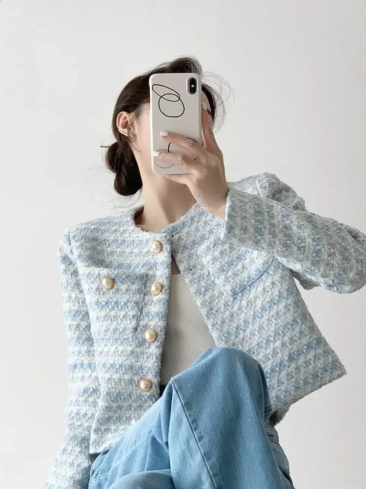 Loose Coat Outwear Women Elegant Tweed Cardigan Short Coat With Pocket Single Breasted Jacket For Women Autumn Winter 240812