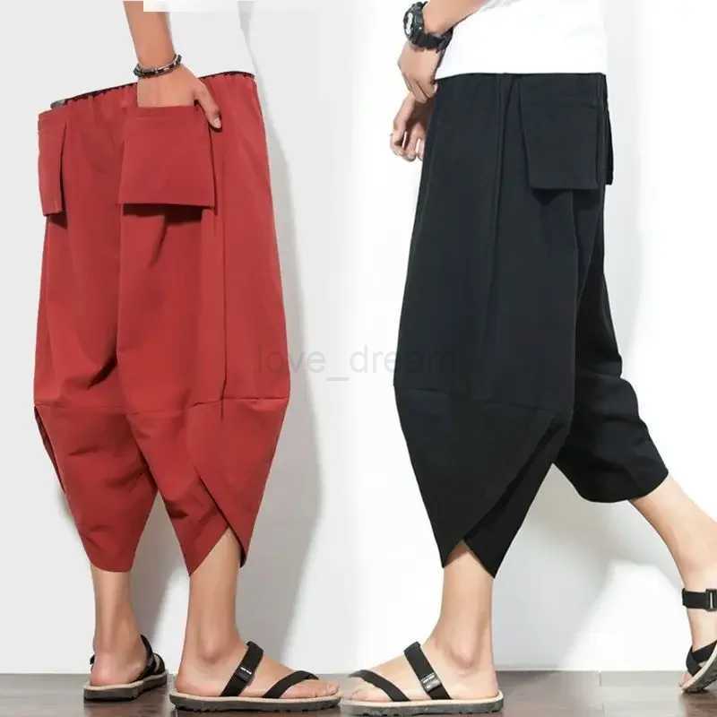 Casual Linen Beach Pants For Men Loose Fit Thai Wide Leg Seven Pants Trendy Chinese Style Cotton Linen 7 Pant HaremXJ240813