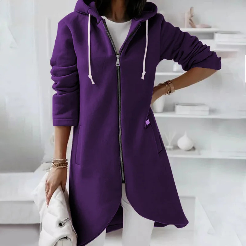 Solid Color Curved Hem Zipper Cardigan Hooded Sweatshirt Women Double Pockets Hoodie Autumn Winter Thickened Outerwear 240812