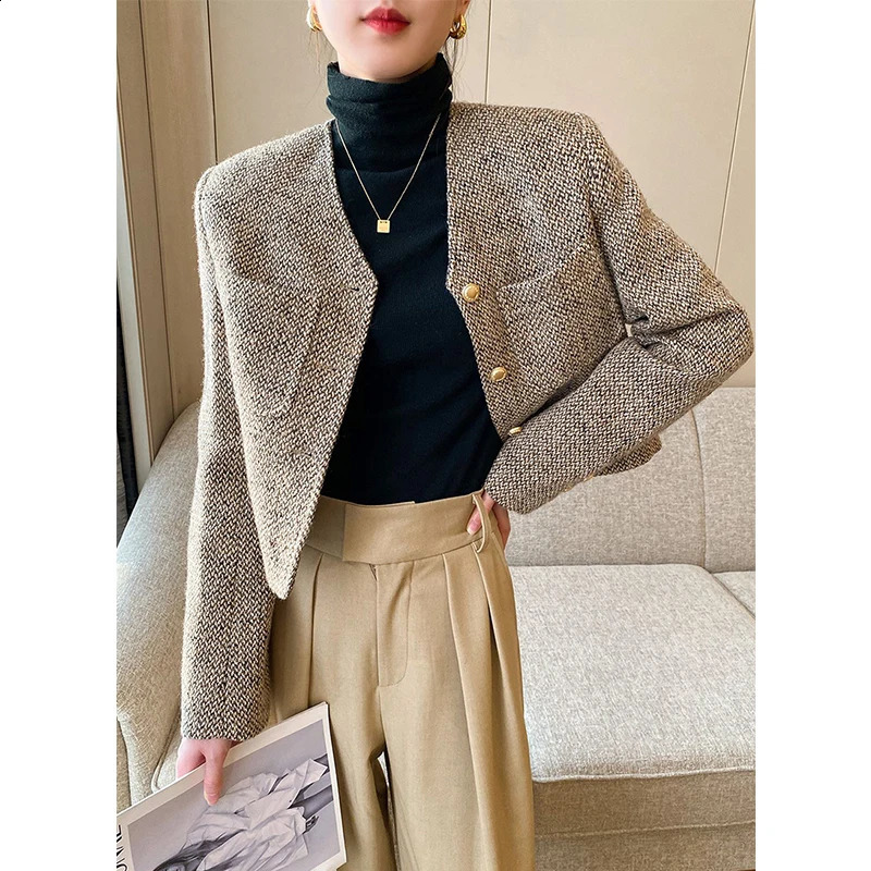Vintage Cropped Tweed Jacket Women Elegant Short Blazer Autumn Korean Single-Breasted All Match Casual Chic Outerwear Tops 240812