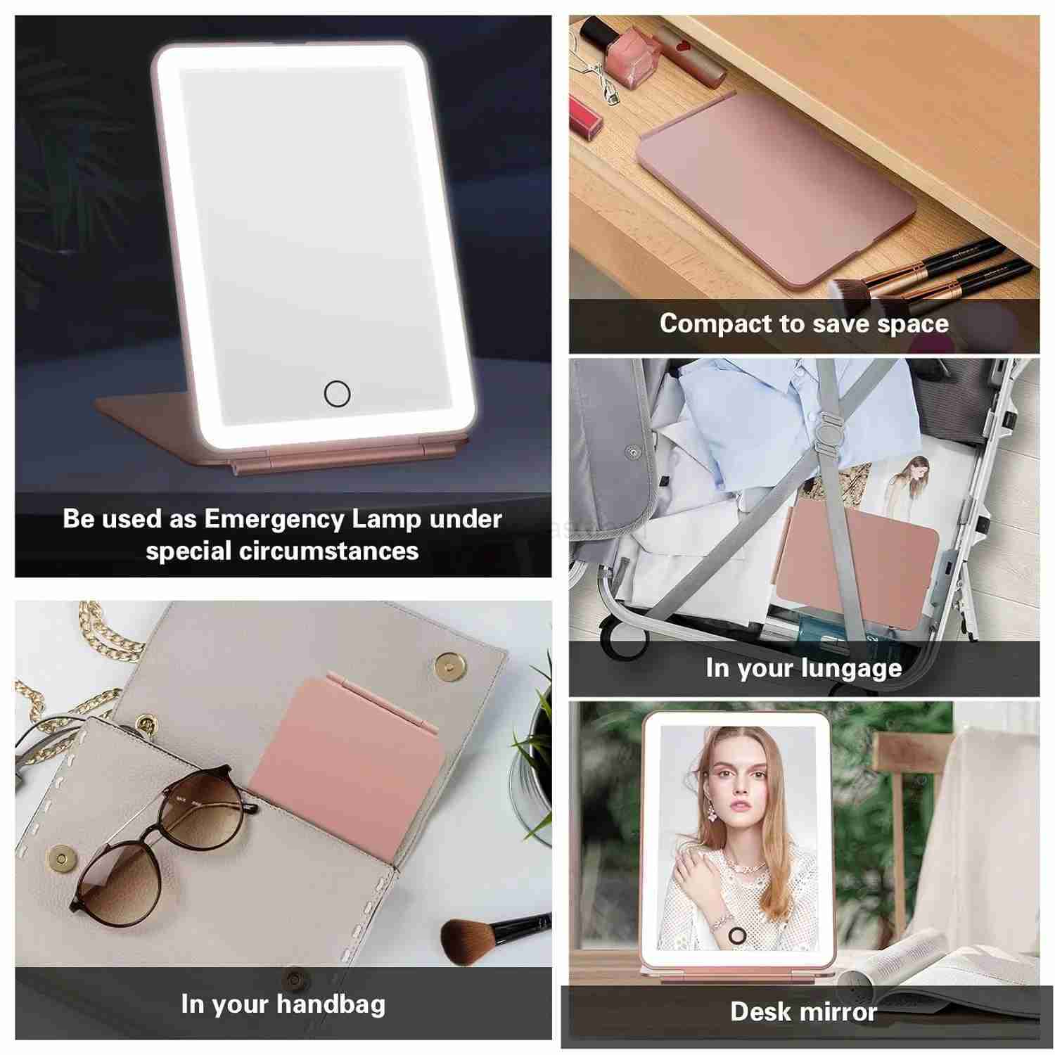 LED Foldable Travel Makeup Mirror 3 Colors Light Modes USB Rechargeable Touch Screen Portable Tabletop Cosmetic Mirror PINKXJ240813