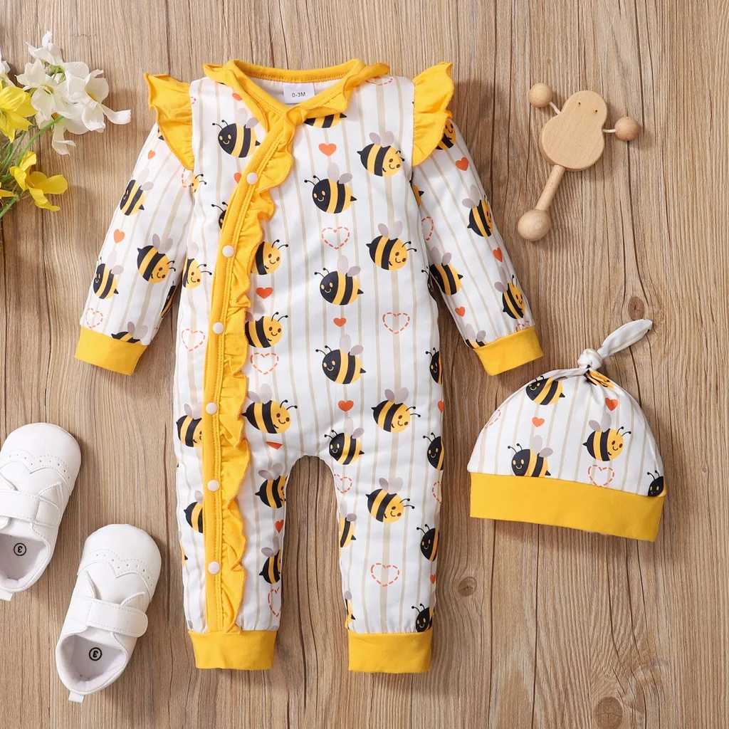 0-18 months newborn baby girl jumpsuit cute little bee cute ruffled long sleeved bodysuit+hat birthday party costume W240812