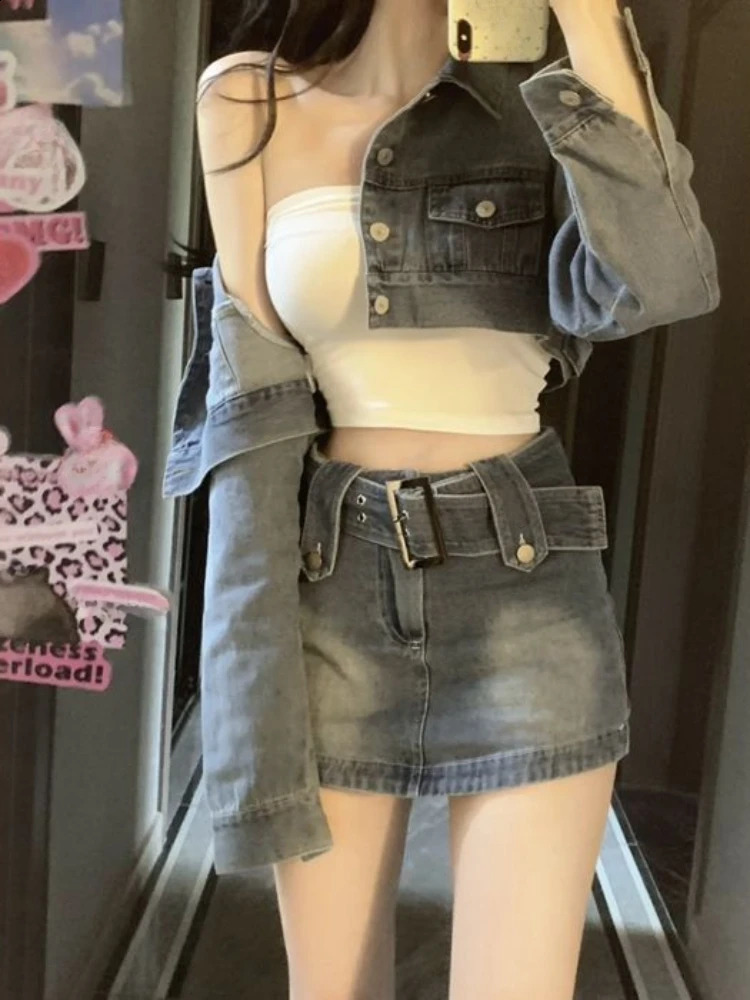 Vintage Denim Suit Woman Slim Casual Short Cardigan Sexy Bodycon Y2k Mini Skirt Elegant Korean Fashion Set 2024 Spring Chic 240812