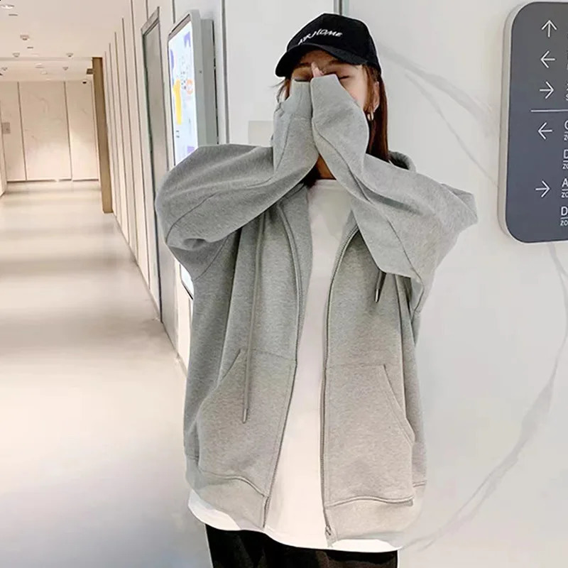 Sweatshirt Spring and Fall Hooded Cardigan with Womens Large Size Students Casual Loose Thin Zipper Simple Jacket 240812