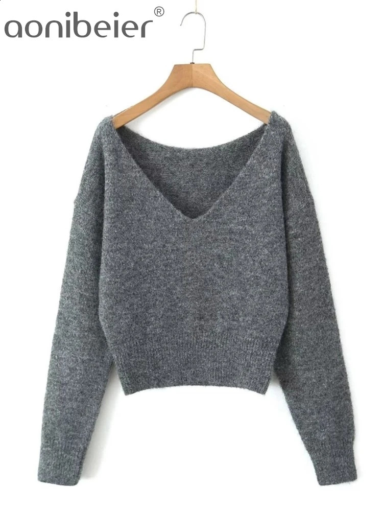 Aonibeier Grey Knitted Womens Set Traf Autumn Vneck Loose Sweater Pulley Top Elastic Waist Long Skirt 240809