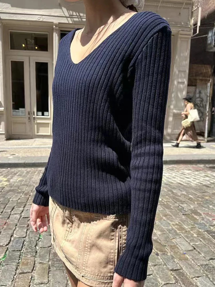 Vintage Solid Knit Long Sleeve Sweaters Women Autumn Sweet V Neck Short Slim Y2k Tops Ladies Harajuku Cute Cotton Sweater 240812