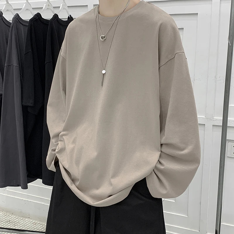 High Qualtity Oversized T-shirt for Men Long Sleeve Tee Cotton Solid Color Trend Leisure Black Grey White Korean Fashion T Shirt 240812