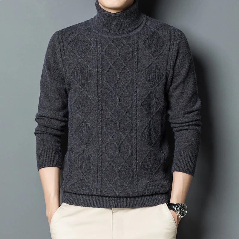 Mens turtle neck thick warm classic retro bottom pull flower knitted sweater mens skydiving Christmas 240812