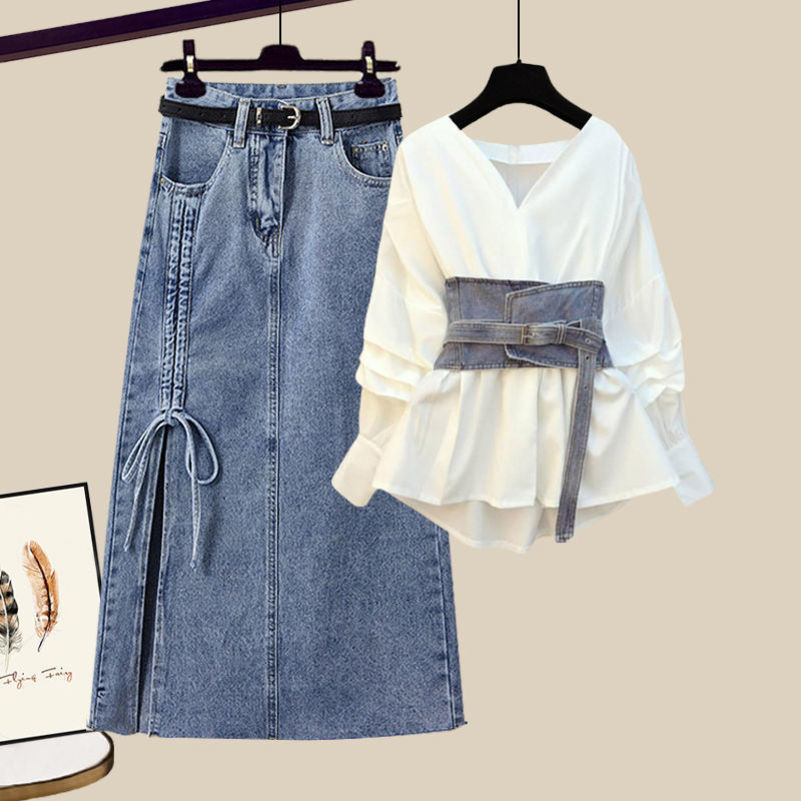 Summer Oversized Two Piece Skirt Set For Women Long Sleeve BlouseHigh Waist Denim Skirt two-piece Jeans Skirt Set Female 240812