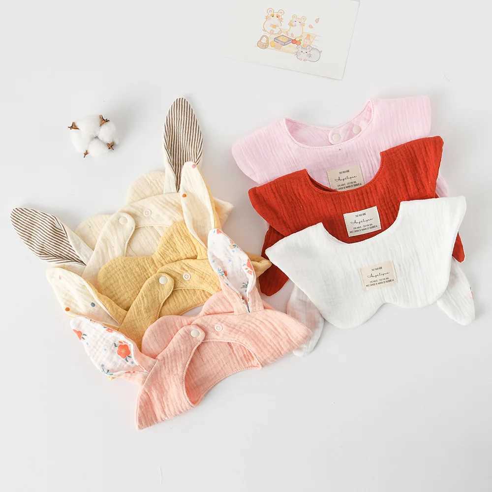 Bibs Burp Cloths Rabbit Bear Ears Wave Edge Cotton Gauze Baby Bibs New Solid Infant Bib Newborn Burp Cloths for Boy Girl Feeding Saliva TowelL4812