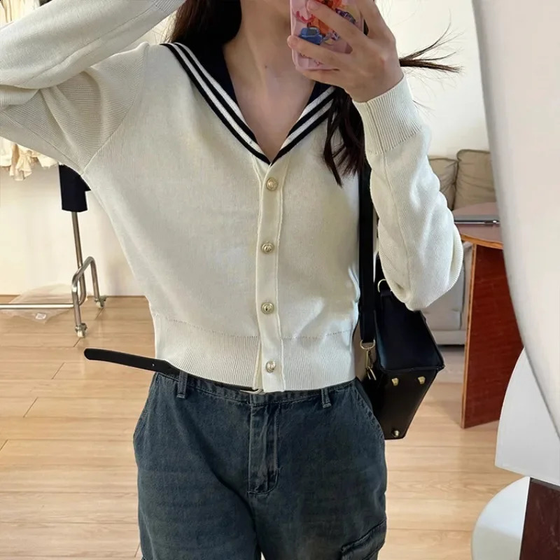Vintage Sailor Collar Women Cardigan Basic Sweater Korean Style Spring Knitwear White Jumper Japanese Aesthetic F134 240812