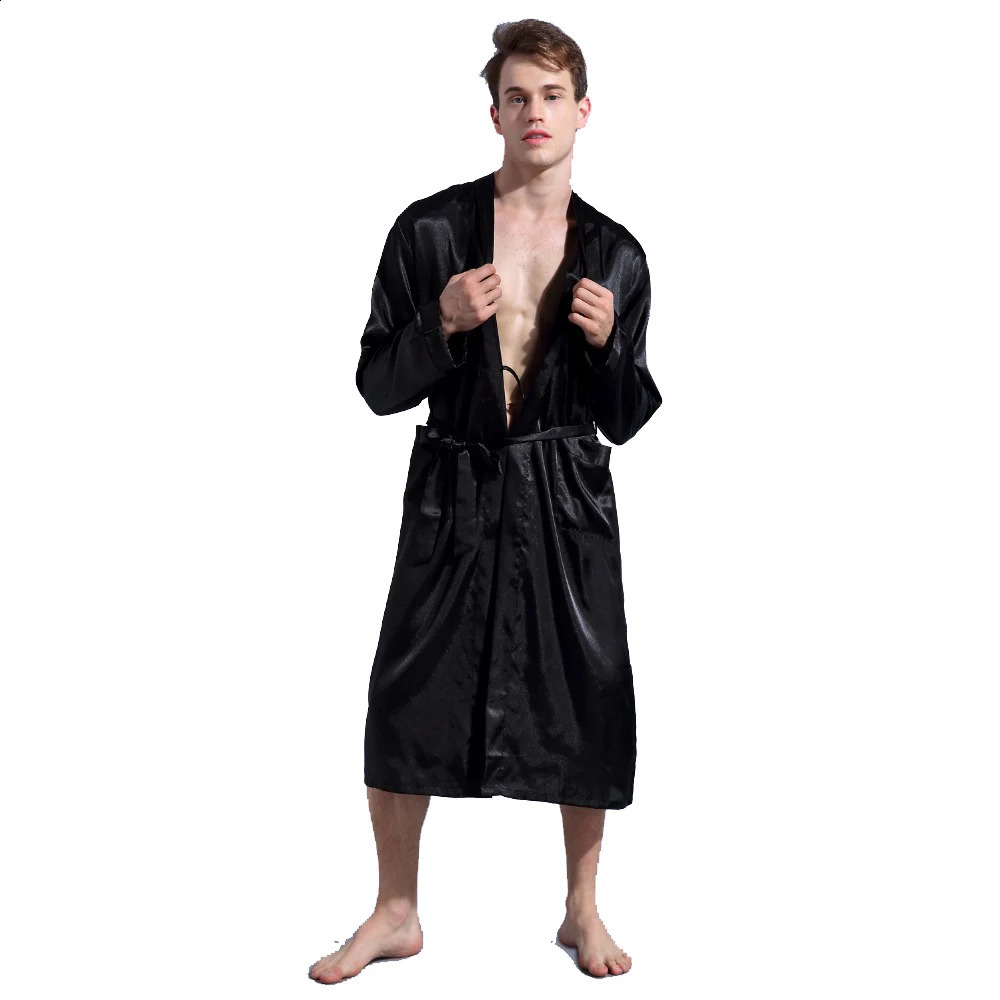 Chinese Mens Wine Red Satin Robe With Belt Kimono Bathrobe Gown Nightgown Sleepwear Home Leisure Pajamas S M L XL XXL D202-10 240812