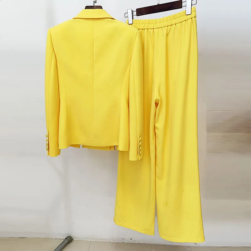 Yellow Diamond Chain Two Piece Suit Coat Womens Set Hollow Wide Leg Pants Elastic Waist