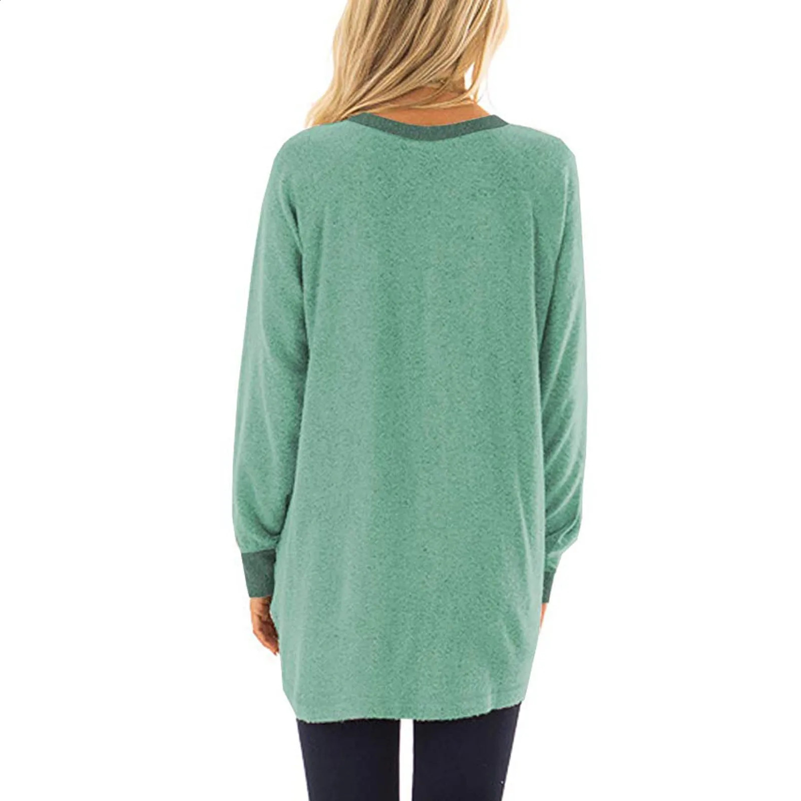 Women Clothings Pocket Casual T-shirt Sweatshirt Round Neck Long Sleeve Women Fashion Autumn Winter 240813