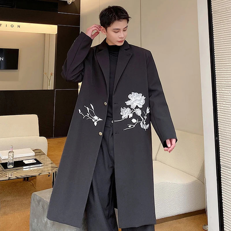 IEFB Men Overcoat Autumn Winter Chinese Embroidery Long Coat Trend Knee High Trench Casual Male Printing Windbreaker 9C1927 240812