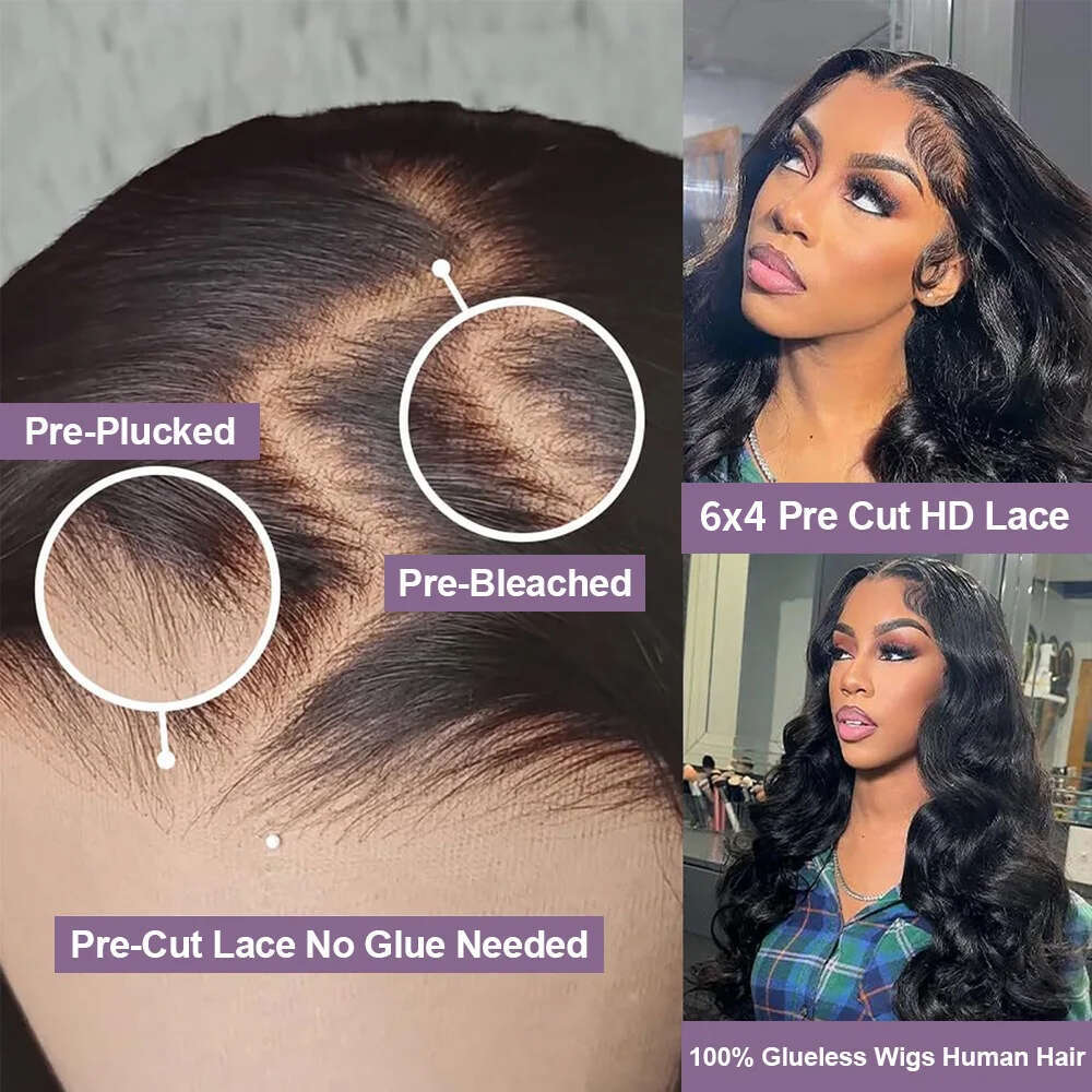 Vrvogue Wear Go Glueless Natural Black Body Wave Front 100% Human Hair 6X4 HD Lace Closure Wig For Woman On Sale