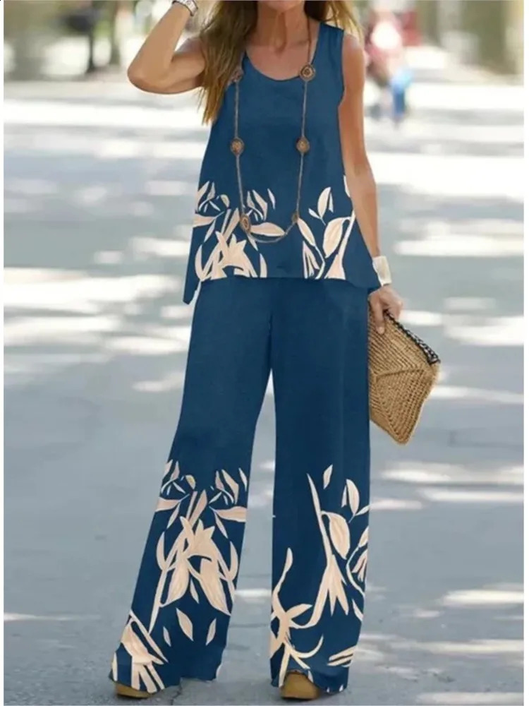 Summer Print Suit 2024 Women Sleeveless Round Neck Top Wide Leg Pants Set Two Piece Set Loose Casual Womens Clothing 240813