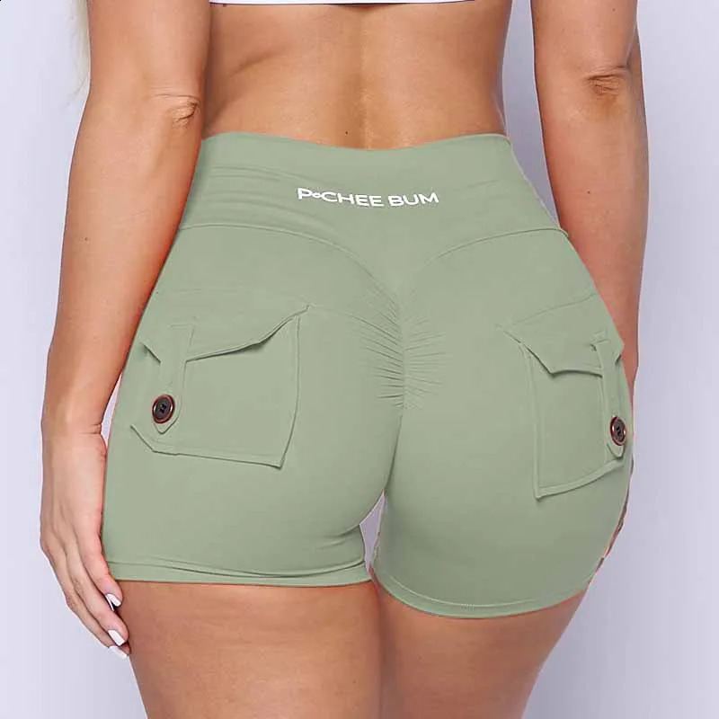 Pchee Bum Womens Pocket Fold Hip Shorts Push Up Gym Boots 240807