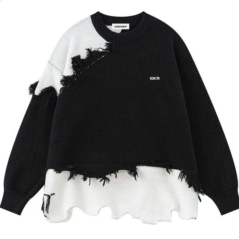 Womens Split Knitted Pullover with Button Vintage Street Apparel Harajuku Hole Gothic Plus Size Korean Sweater 240812