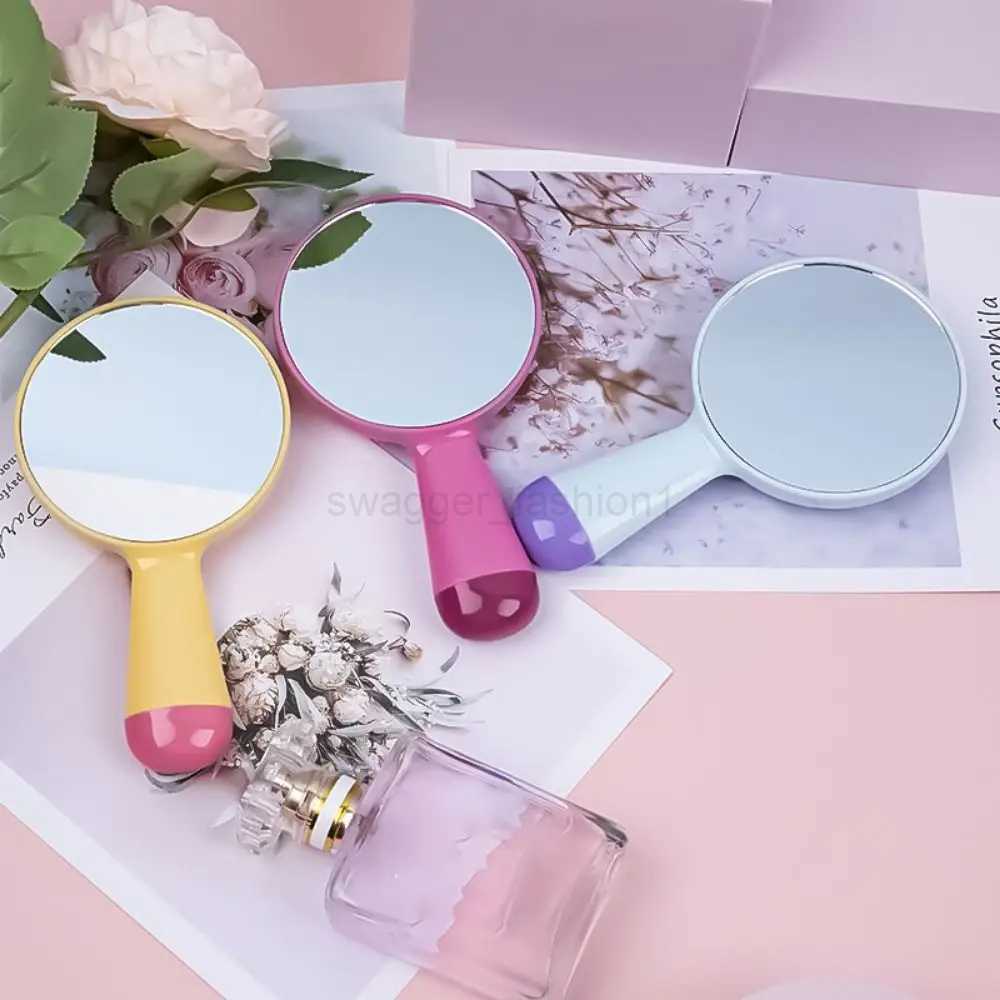 Cute round handle mirror macaroon color portable cosmetic mirror plastic hand-held makeup mirrorXJ240813