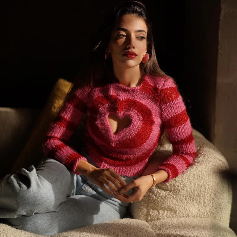 Heart Hollow Out Pullovers Women Striped Y2k Clothes Cropped Sweaters Harajuku Panelled Long Sleeve Spring Sexy Kawaii Mujer Fit 240812