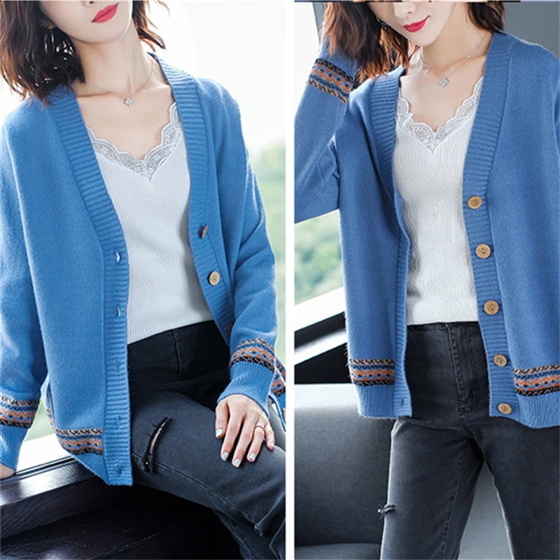 Women Sweater Cardigans Plaid Color Contrast Autumn Winter Knitted Korean Loose Oversize Long Sleeve Elegance Sweet Casual Coats 240813