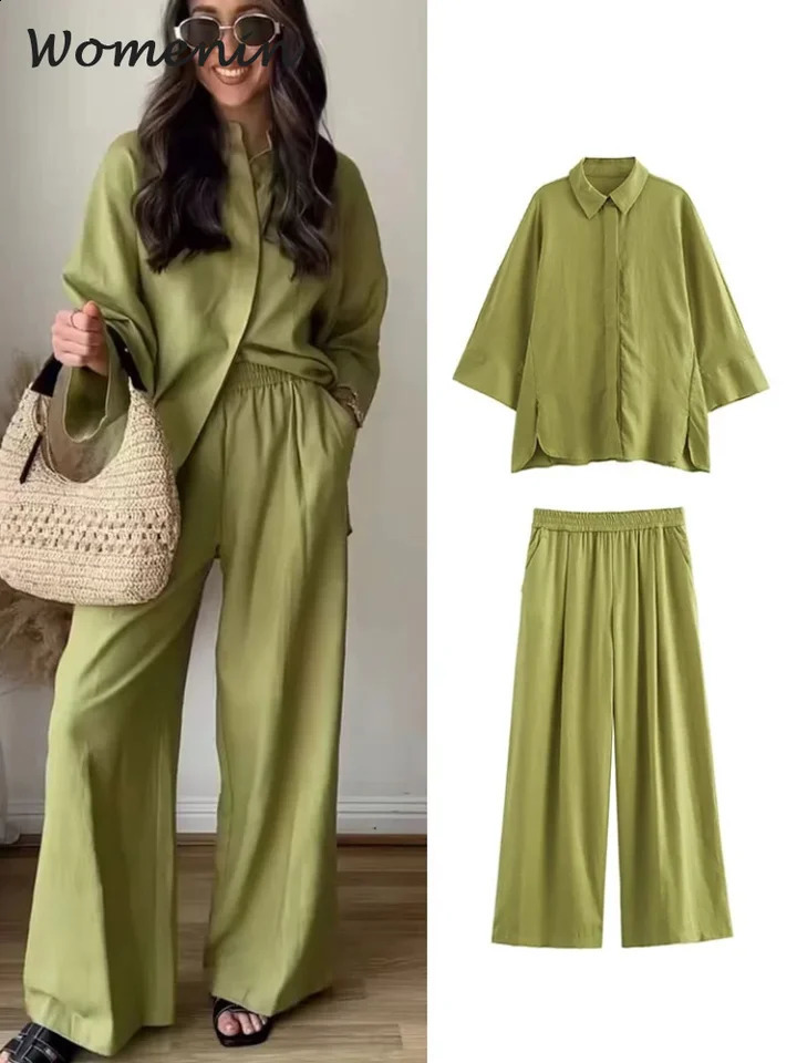 Casual Shirt Pants Sets For Women Solid Loose Lapel Single Breasted Shirts Wide Leg Pant 2024 Summer Chic Two-piece Ladies Set 240813