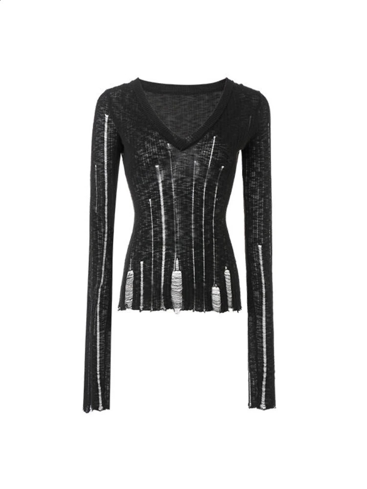 Deeptown Y2k Hollow Out Women Sweaters Harajuku Black See Through Sexy V-neck Gothic Knitted Cover Up Grunge Gyaru Streetwear 240812
