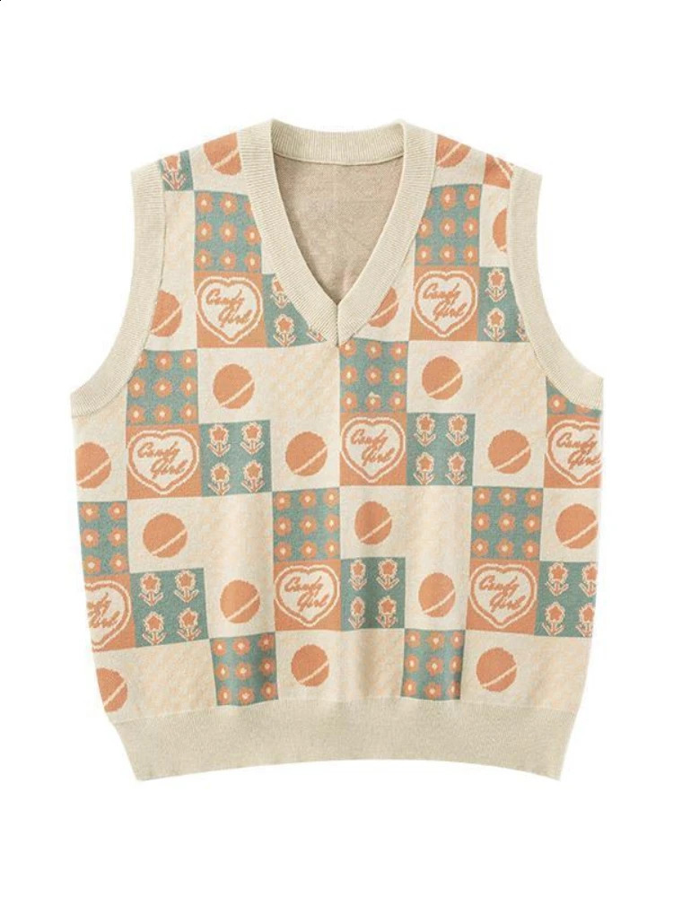 HOUZHOU Kawaii Preppy Style Sweater Vest Y2k Women Sweet Pink Loose Floral V-Neck Knitted Pullover Sleeveless Plaid Outerwear 240812