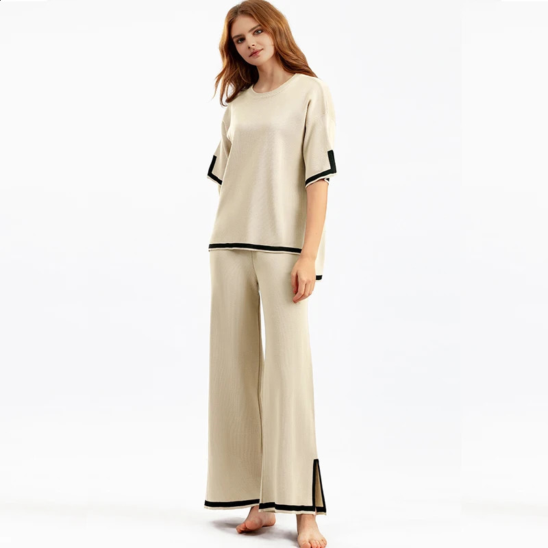 GIGOGOU Summer Two Piece Loose T Shirt Women Tracksuit Fashion Knit Casual Short Sleeves Set Breathable Ladys Pant Suit 240813