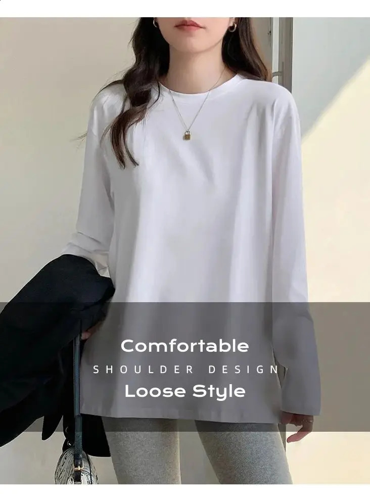 Cotton long sleeved Tshirt for women with loose white midsole and a simple soft cotton top 240812
