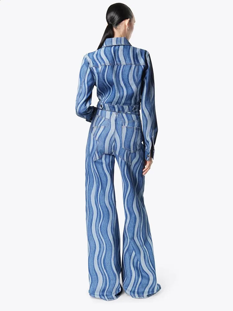 TWOTWINSTYLE Colorblock Denim Two Piece Set For Women Lapel Long Sleeve Coat High Waist Full Length Jeans Streetwear Sets Female 240813